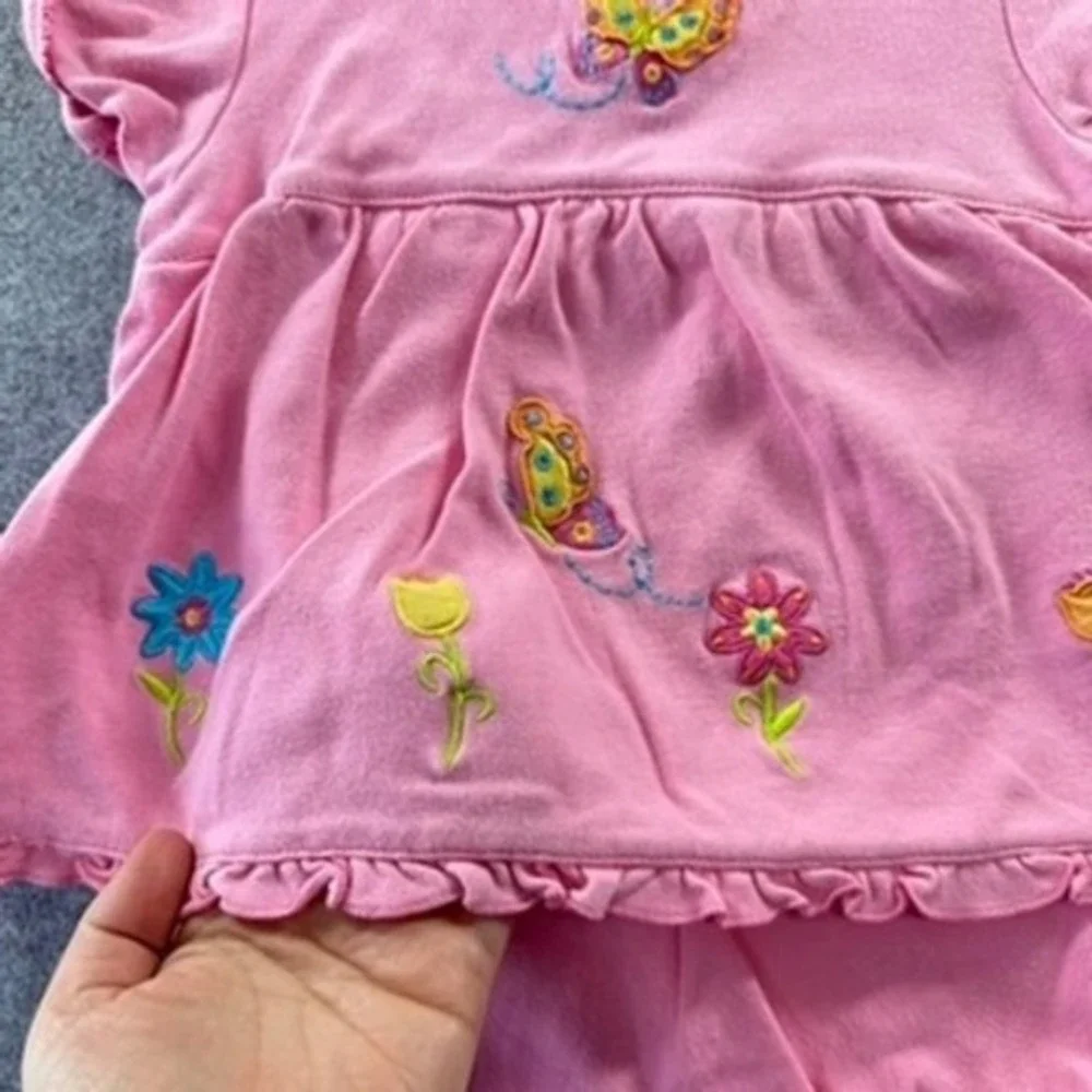 Okie Dokie Pink Butterfly Flower‎ Embroidered Ruffle Top Bloomers Set Adorable
